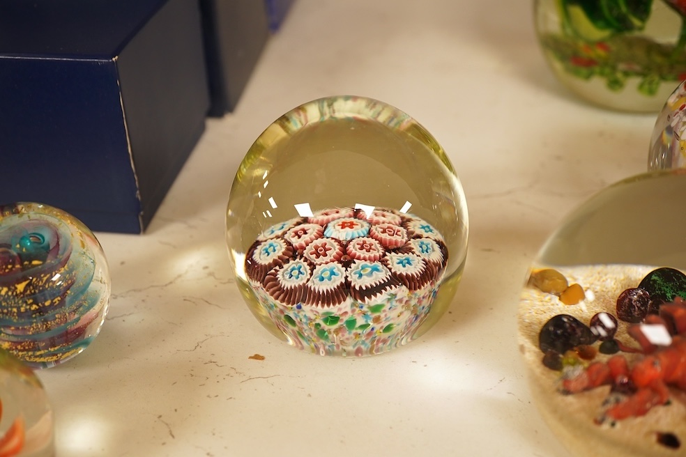 Seventeen various paperweights, including Lalique and a signed Murano example, some boxed, largest 10cm high
